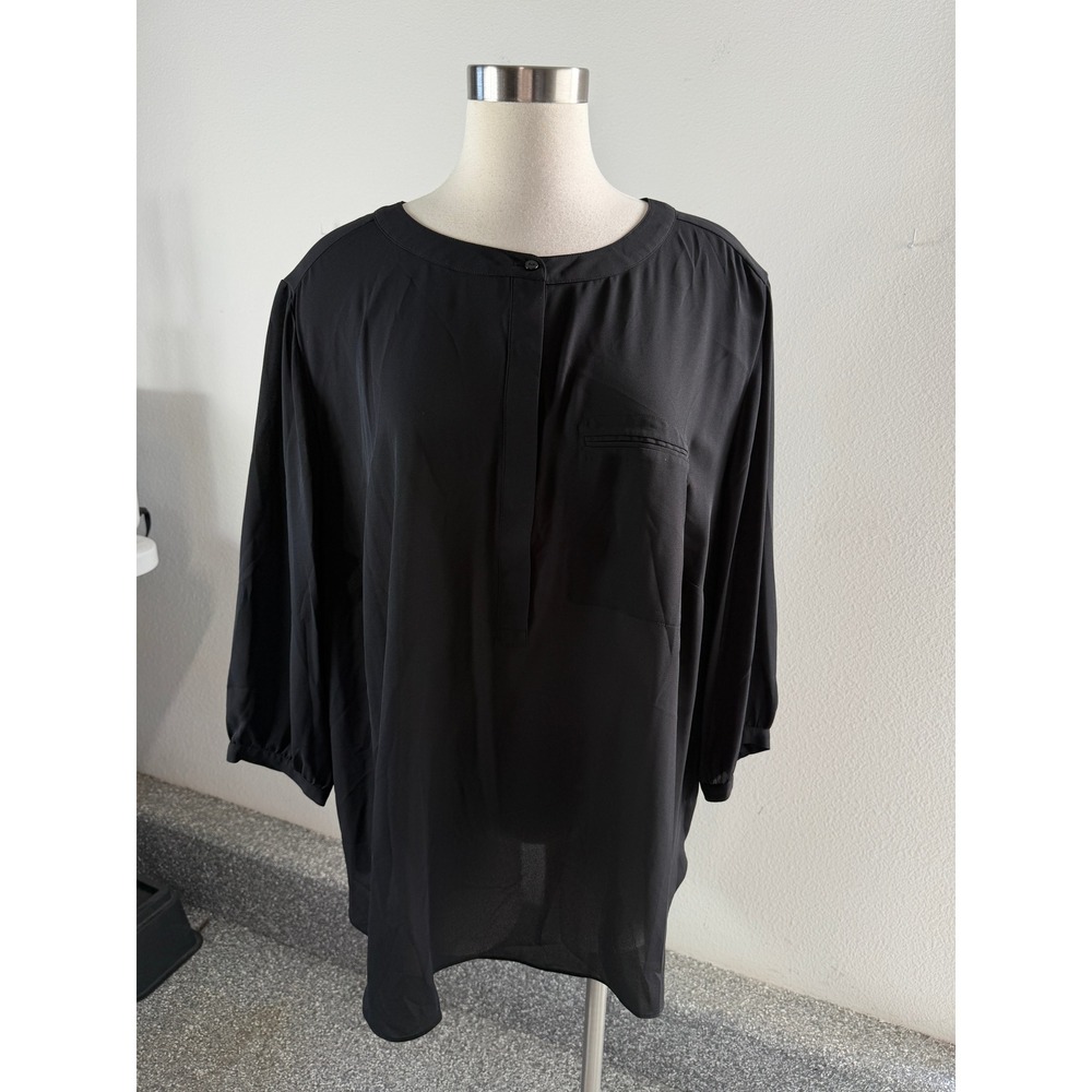 NYDJ Womens Plus 2X Black Pleated Back Long Sleeve Pocket Blouse Tunic Top